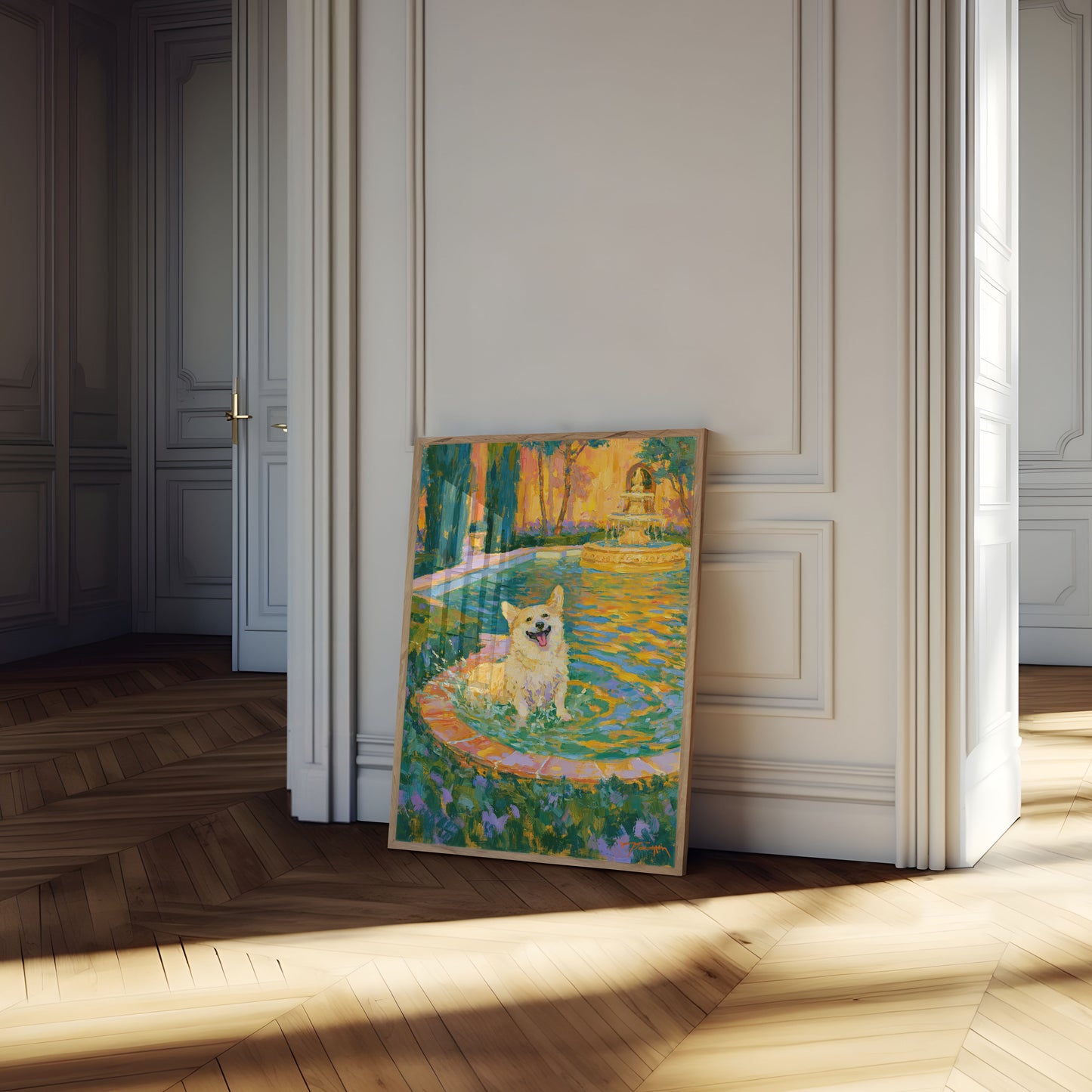 Affiche : Corgi heureux dans le jardin