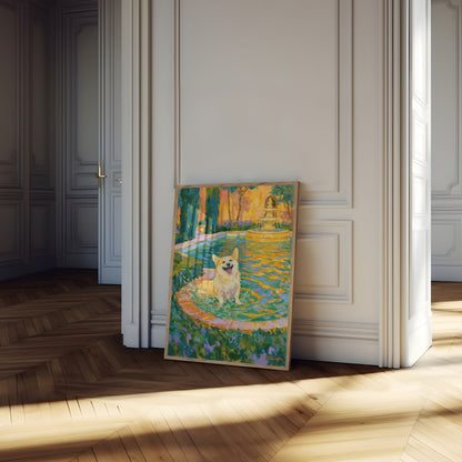 Affiche : Corgi heureux dans le jardin