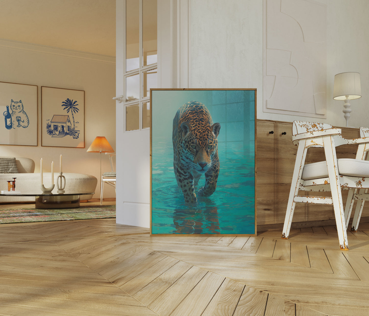 Jaguar Wading Through Turquoise Waters Poster