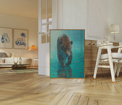 Jaguar Wading Through Turquoise Waters Poster