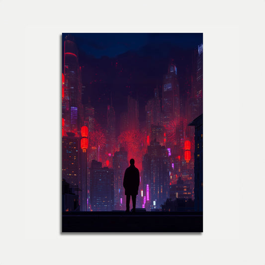 Affiche Silhouette de Ville Cyberpunk Néon