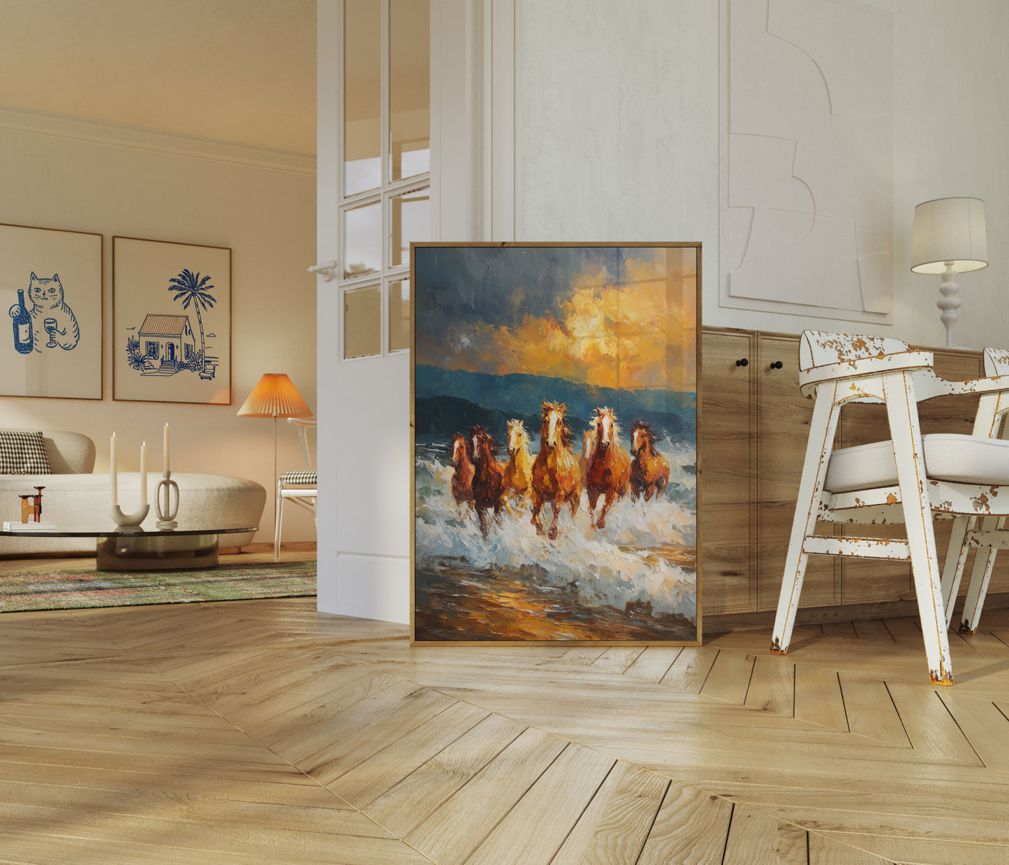 Heste løber gennem bølger plakat