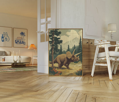 Póster del triceratops de montaña prehistórico