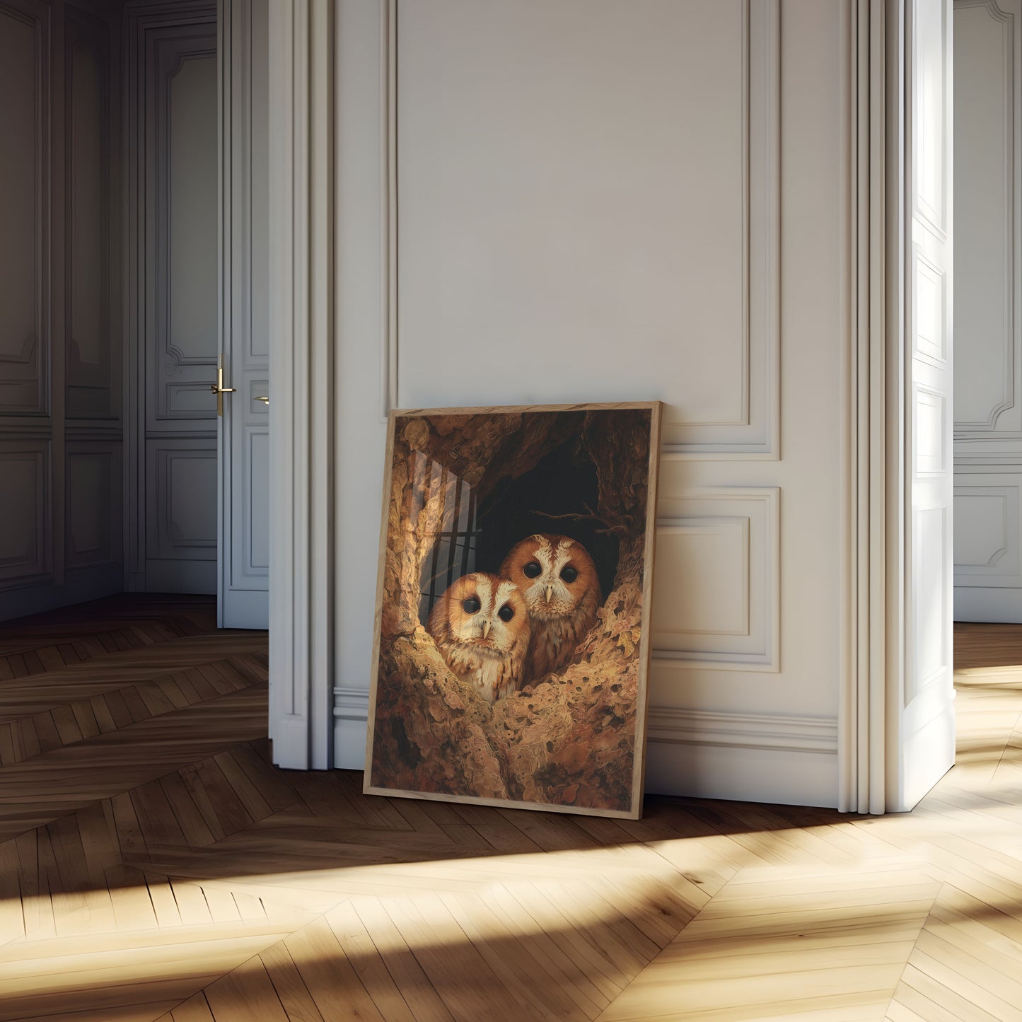 Owls in Hollow Tree Poster