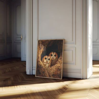 Owls in Hollow Tree Poster