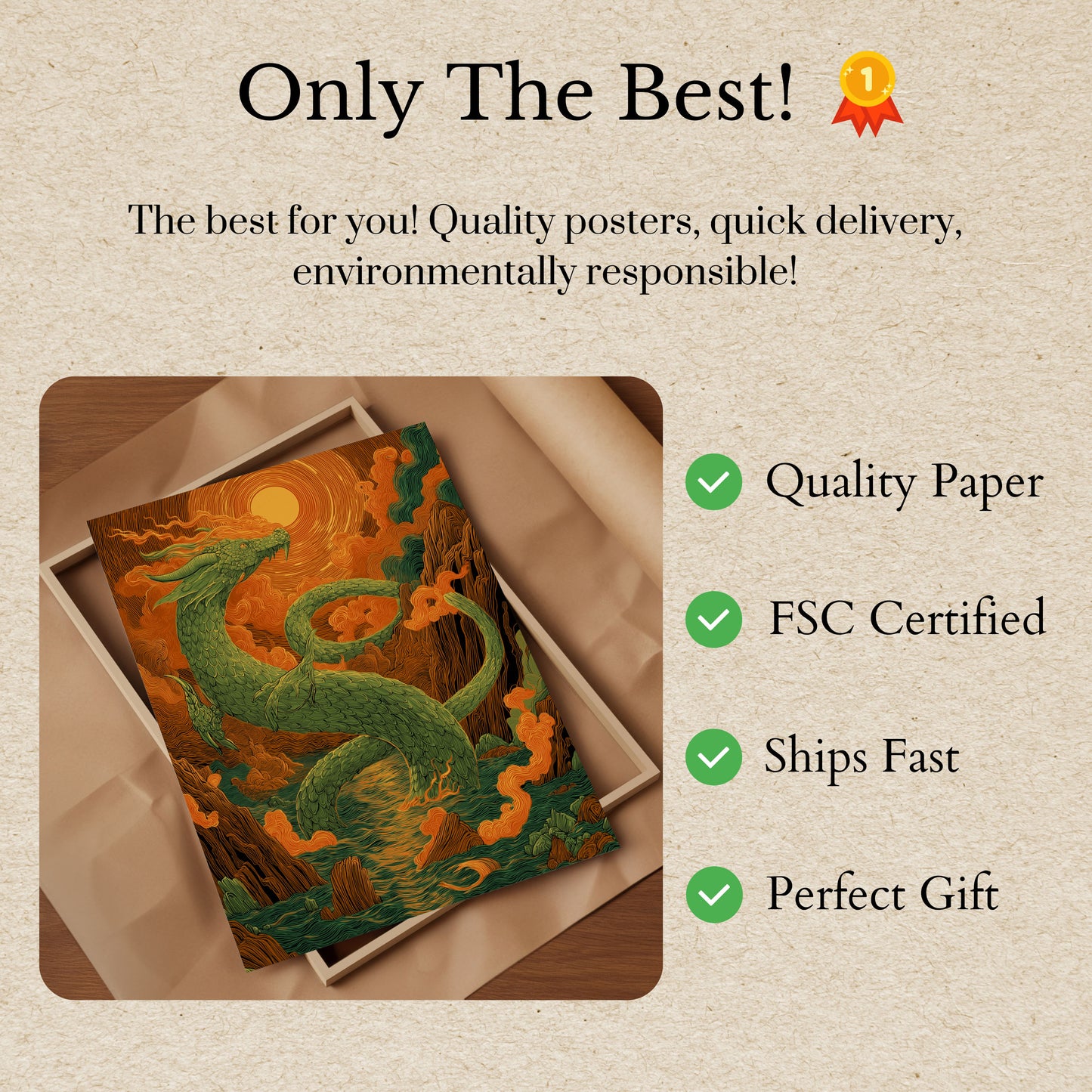 Póster Atardecer místico del dragón esmeralda