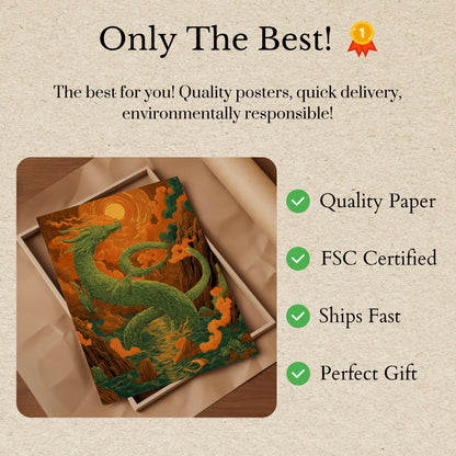 Póster Atardecer místico del dragón esmeralda