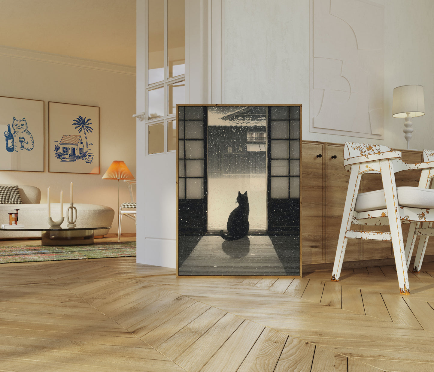 Póster de Gato Negro Observando la Nieve de Invierno