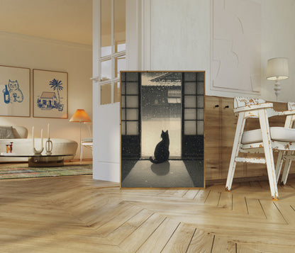 Póster de Gato Negro Observando la Nieve de Invierno