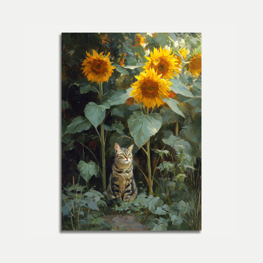 Katze im Sonnenblumengarten Poster