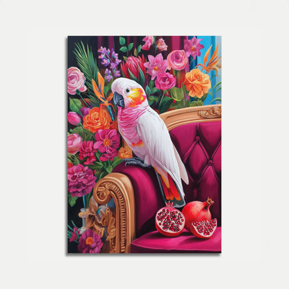 Póster de Cacatúa Elegante Entre Flores en Floración