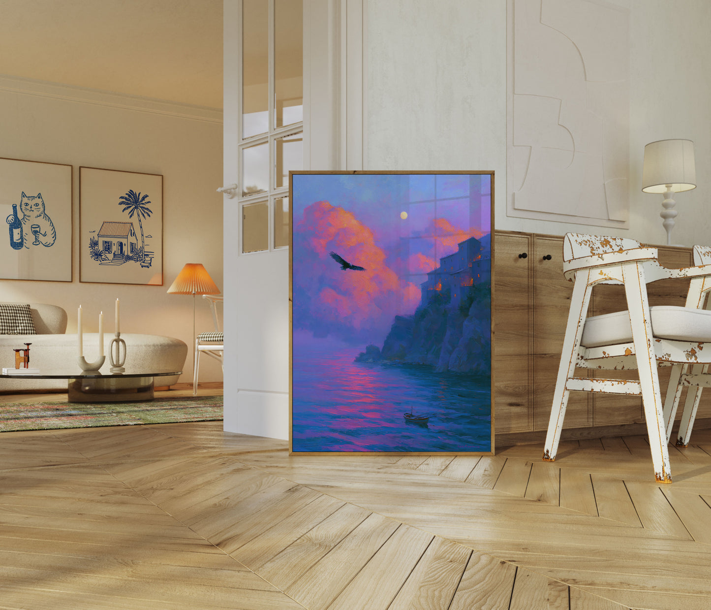Poster di scogliera costiera al chiaro di luna