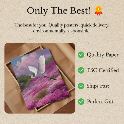 White Heron in Flowering Meadow Poster