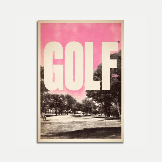 Affiche du parcours de golf au coucher du soleil rose
