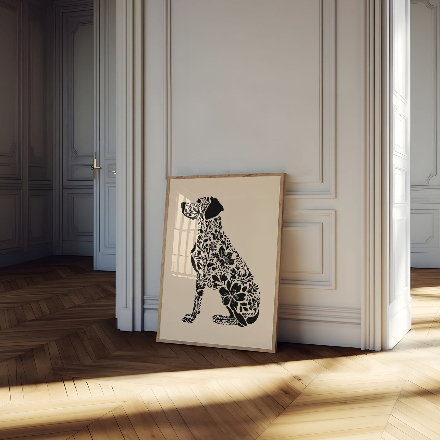 Affiche silhouette de chien à fleurs