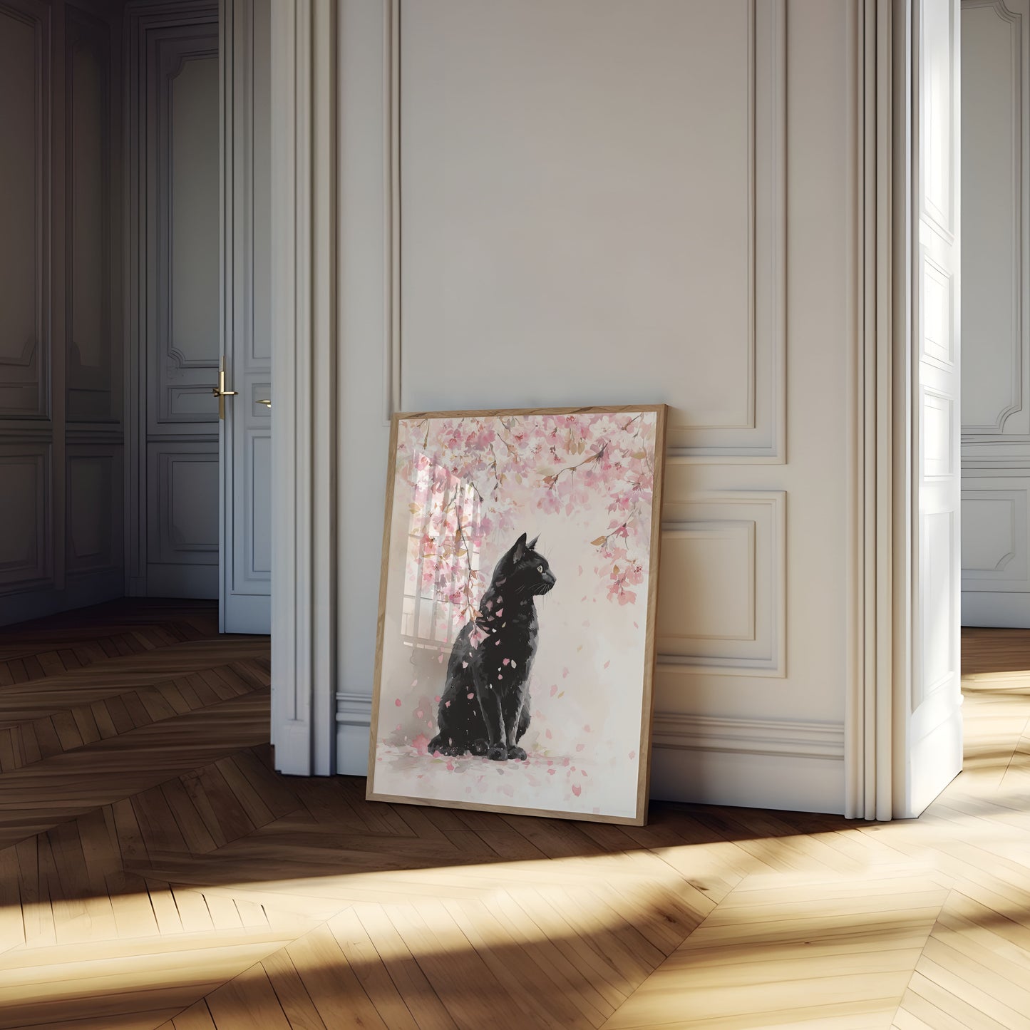 Sort kat under kirsebærblomster plakat