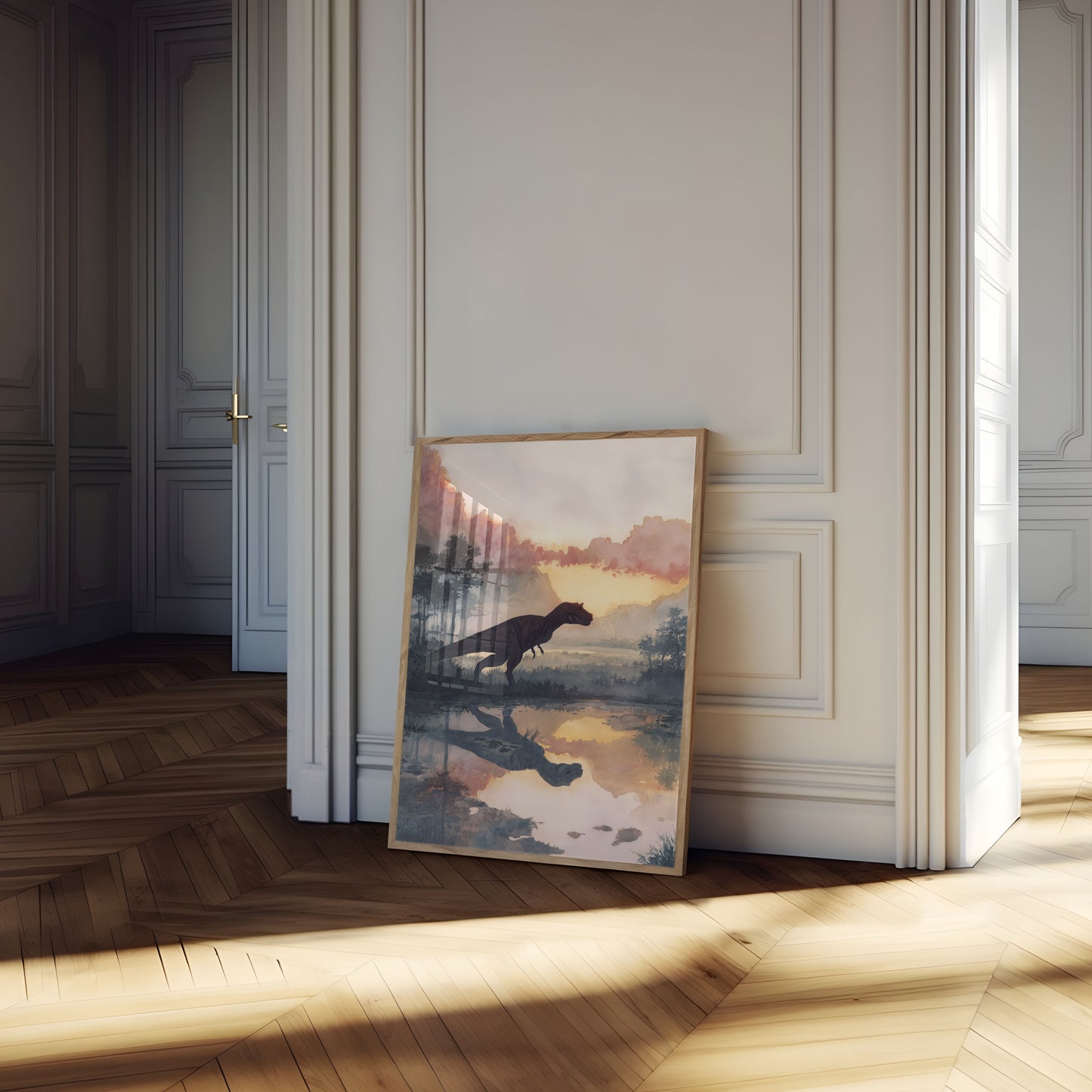 Póster de dinosaurio prehistórico al atardecer