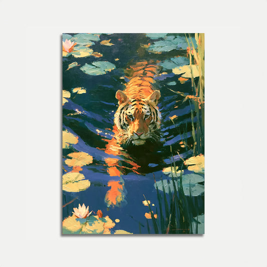 Tiger Swimming in Lily Pond Poster