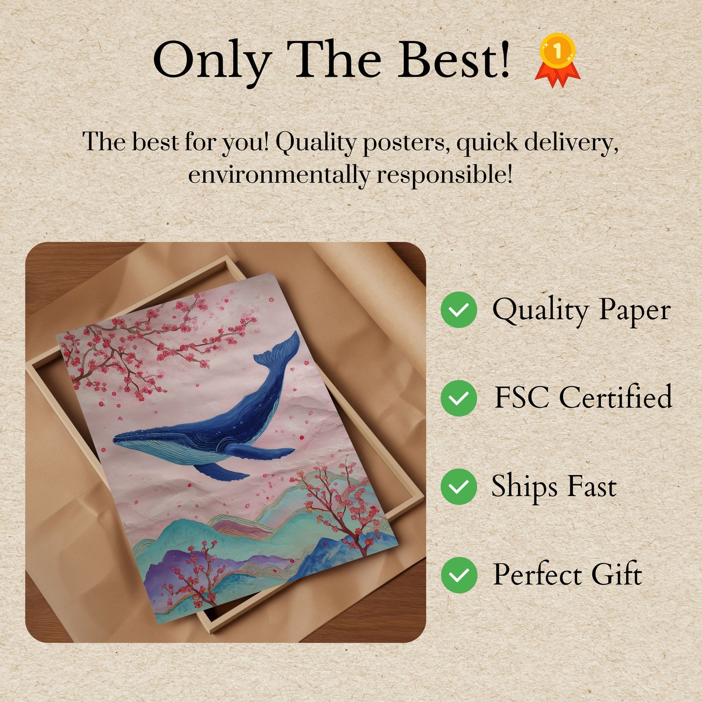 Plakat z Niebieskim Wielorybem i Kwiatem Wiśni