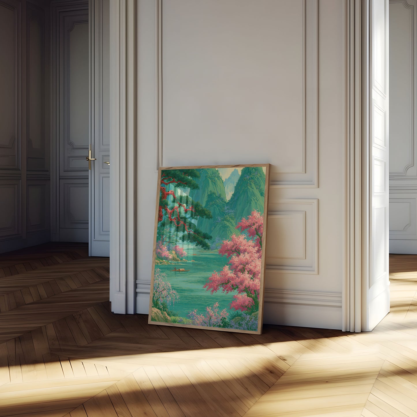 Mountain River Cherry Blossom Poster