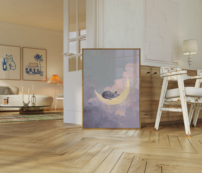 Schlafende Katze auf dem Mond Poster