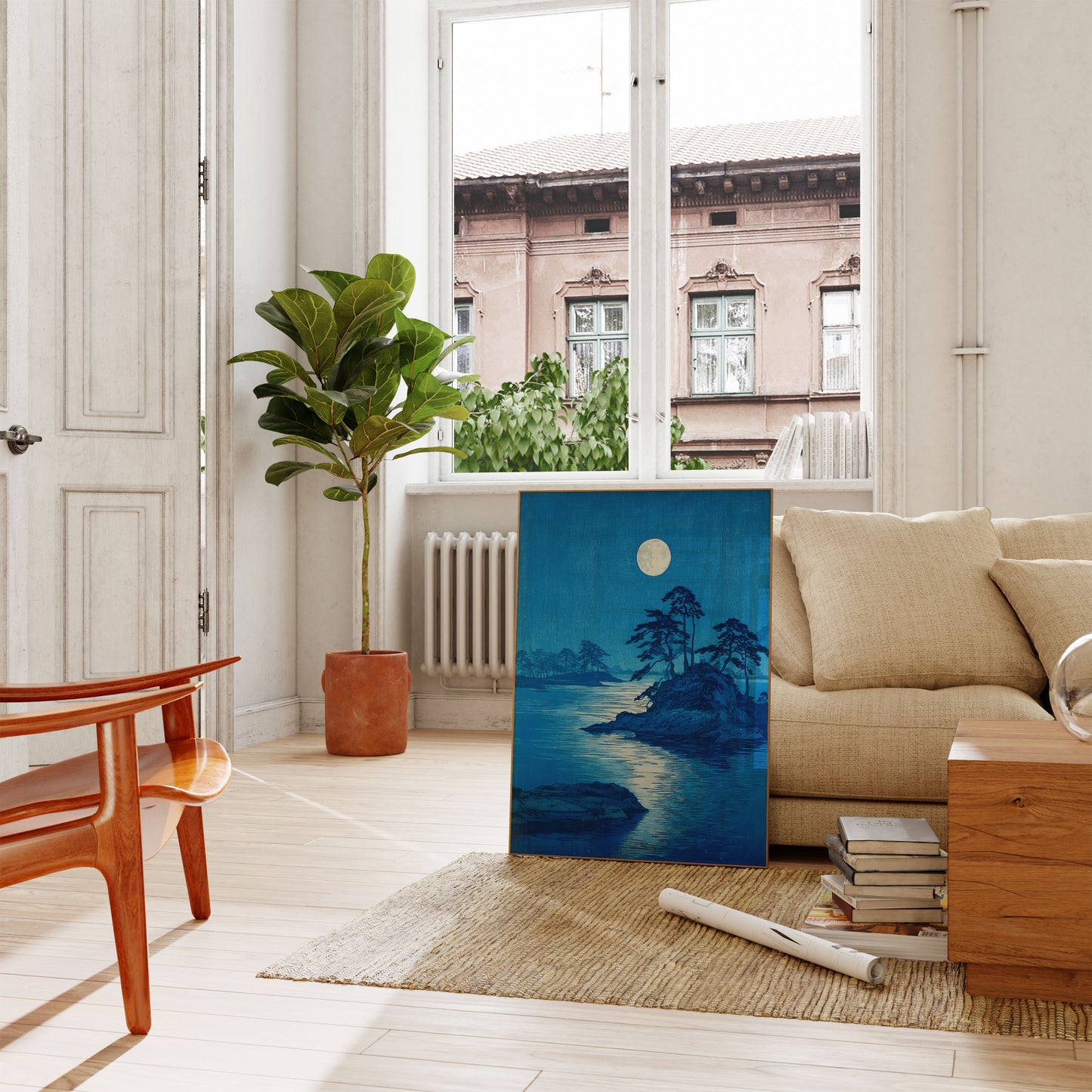 Moonlit Pine Trees by Water Poster
