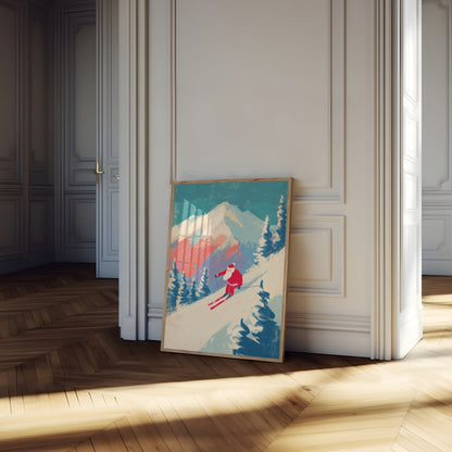 Santa Skiing Mountain Adventure Poster