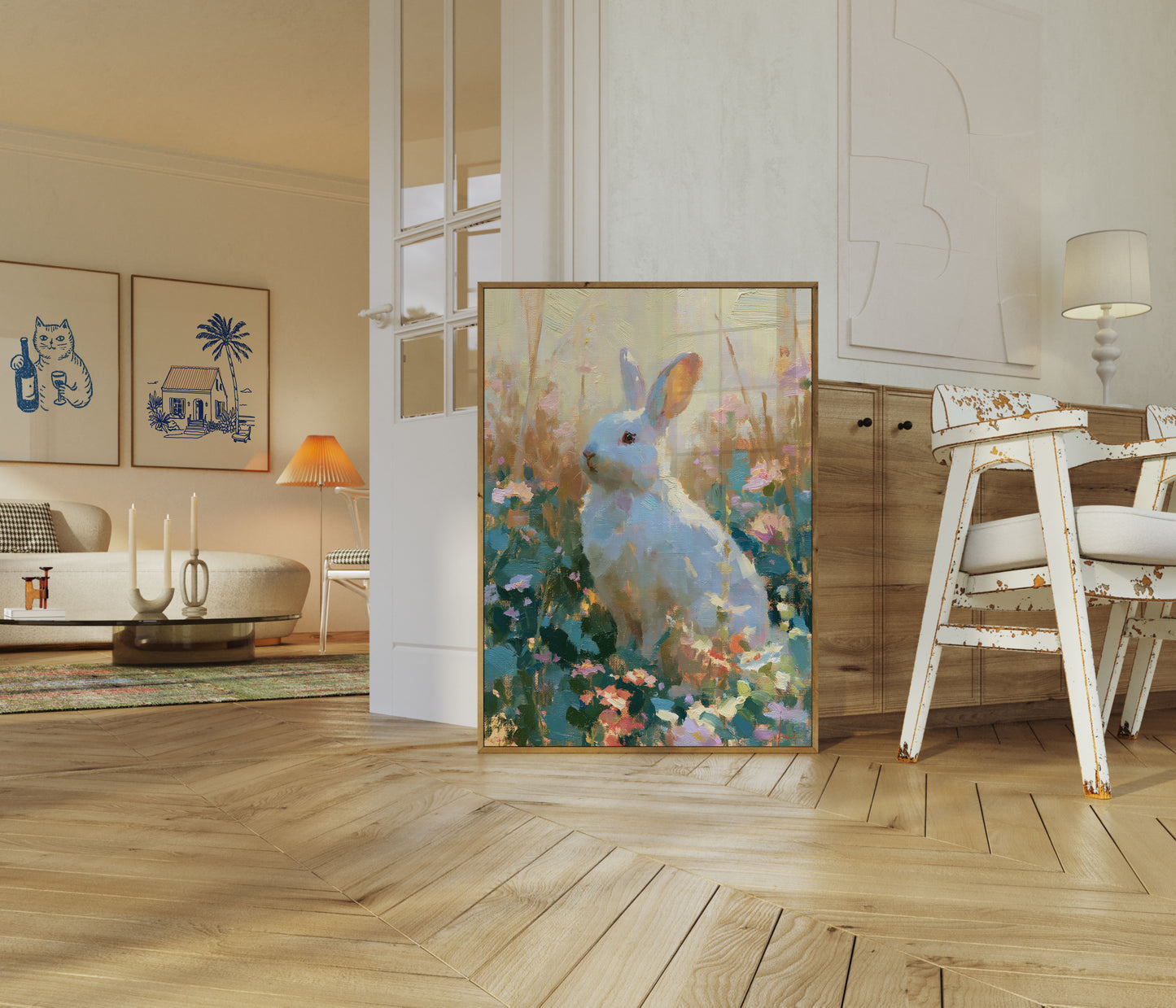 White Rabbit in Flower Garden Poster