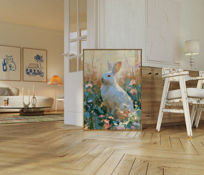 White Rabbit in Flower Garden Poster