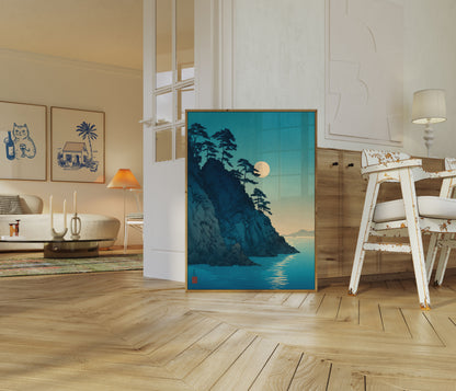 Pôster de Paisagem Japonesa com Penhascos ao Luar
