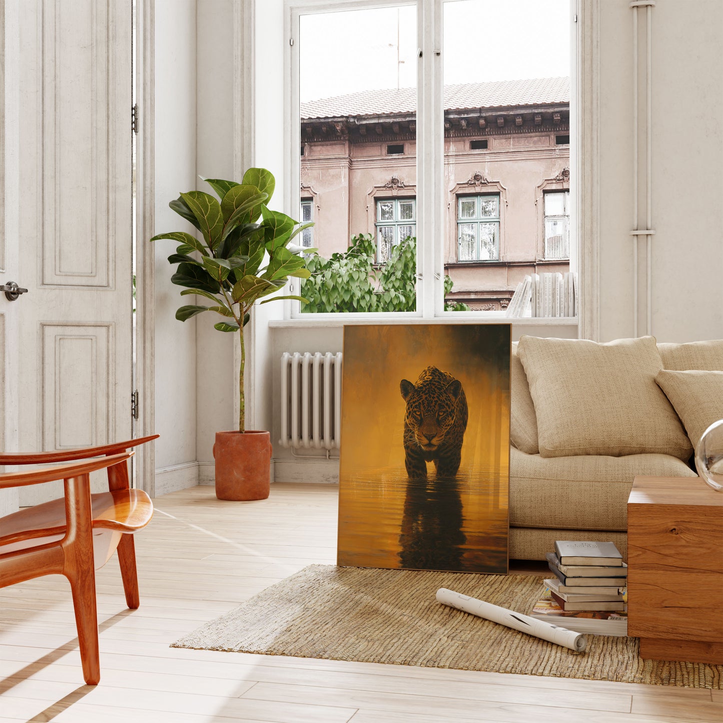 Affiche Jaguar Marchant dans l'Eau Dorée
