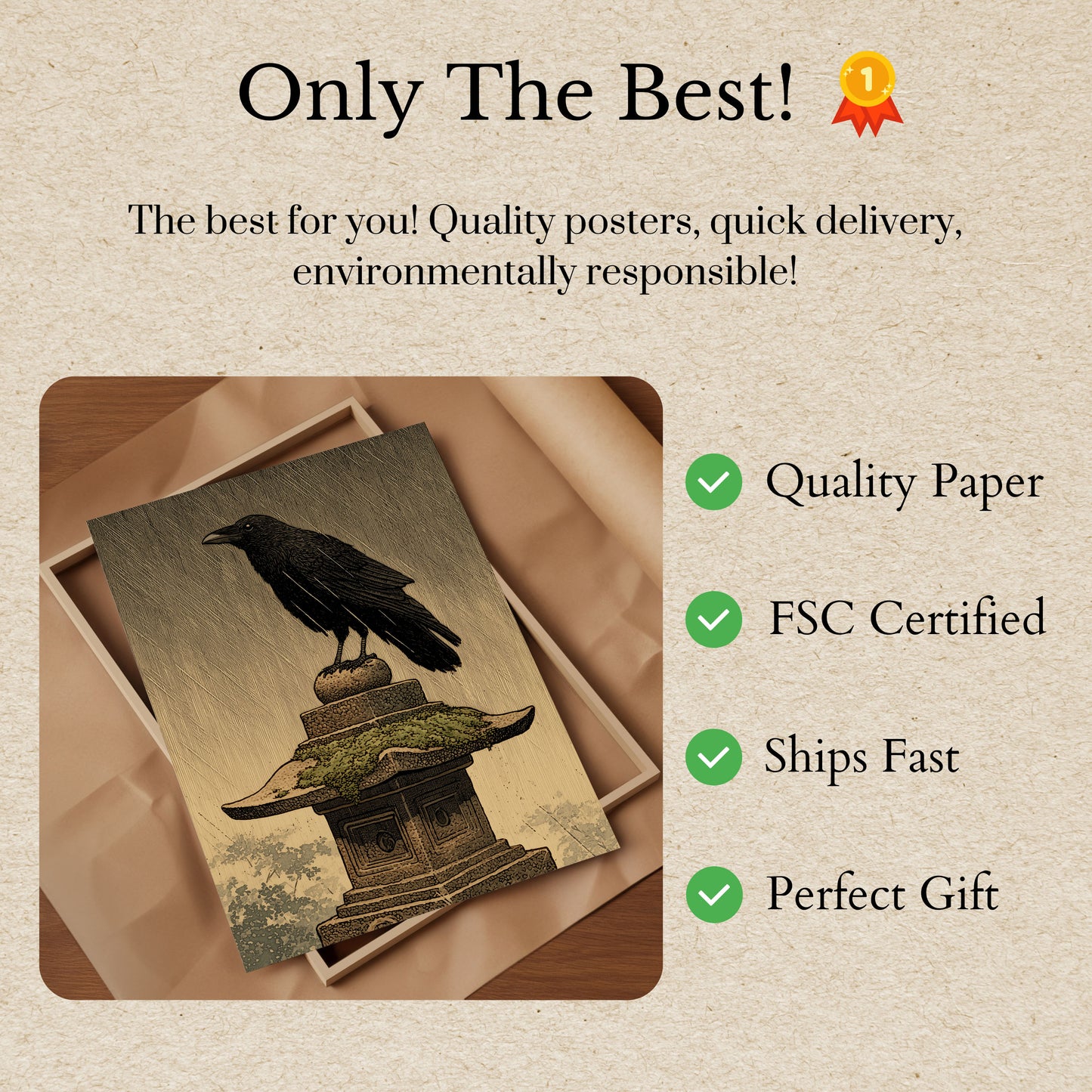 Póster de Cuervo en Pedestal de Piedra