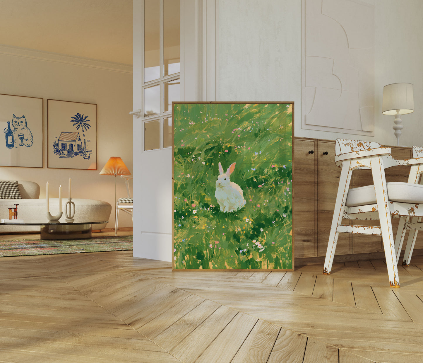 White Rabbit in Wildflower Meadow Poster