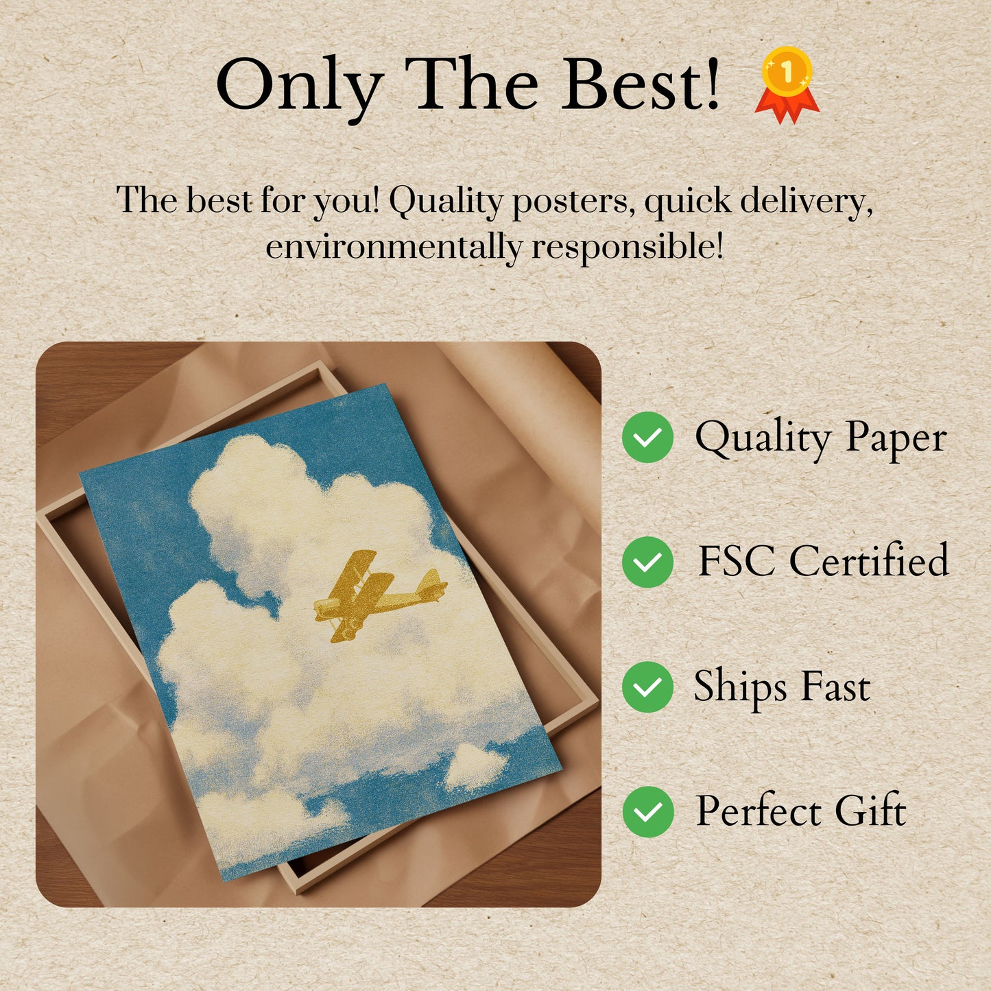 Golden Biplane Through Clouds Poster