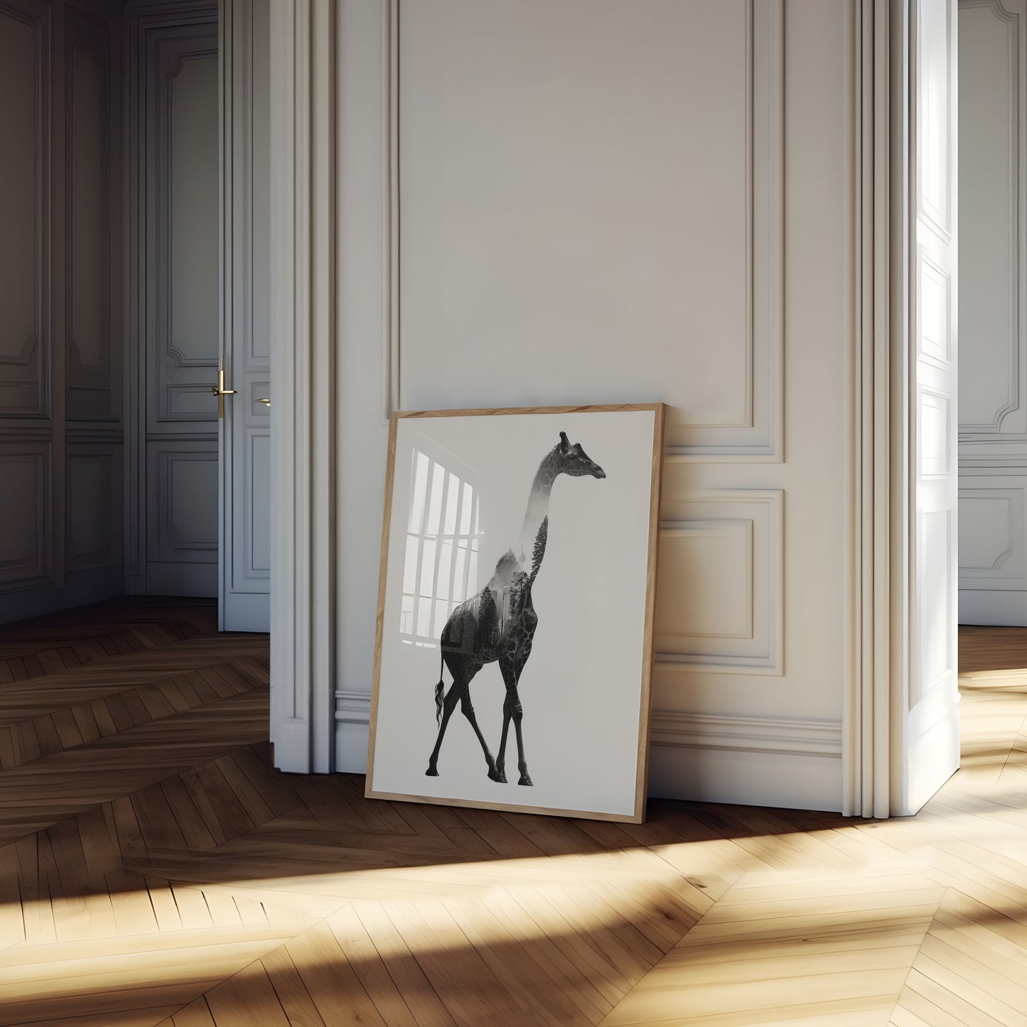 Póster de silueta de jirafa de naturaleza urbana