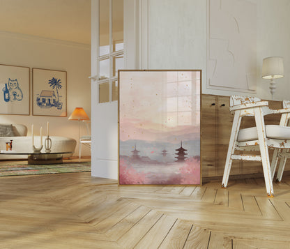 Póster del atardecer en flor de cerezo en Kioto