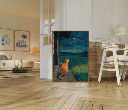 Orange Cat Starry Night Poster