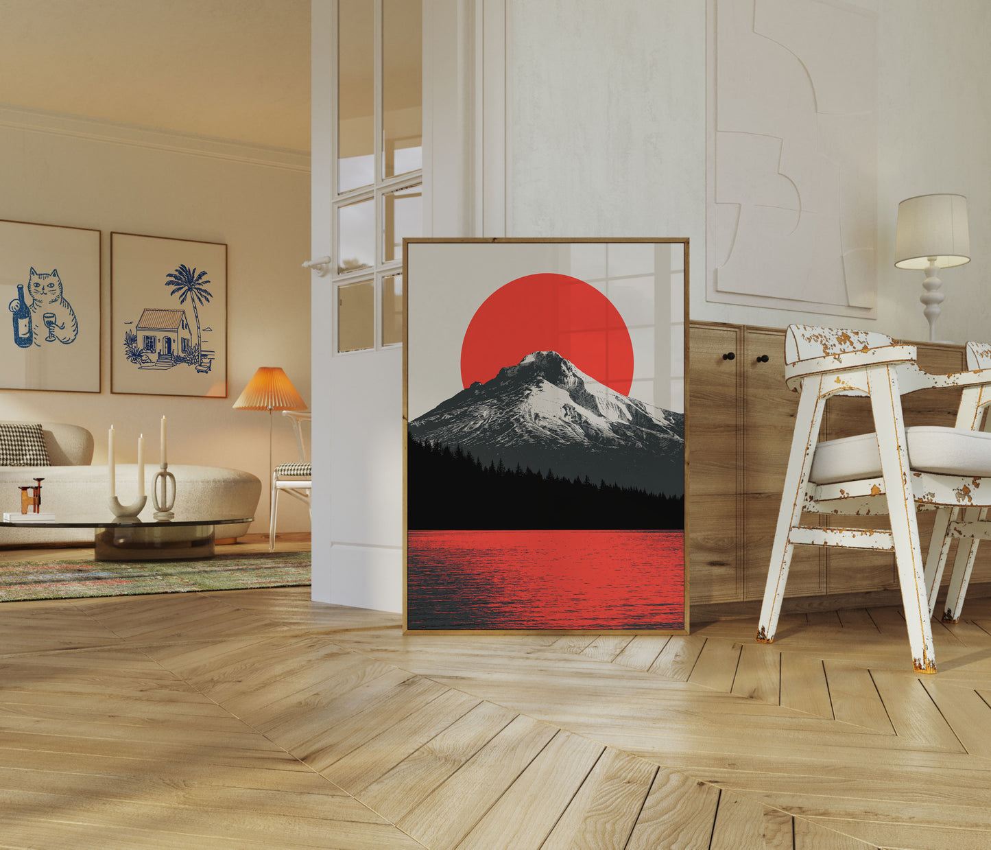 Affiche Soleil Rouge Montagne Neige
