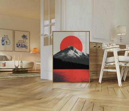 Affiche Soleil Rouge Montagne Neige