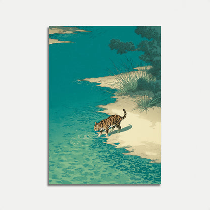Affiche Chat Rayé à la Plage en Pataugeant