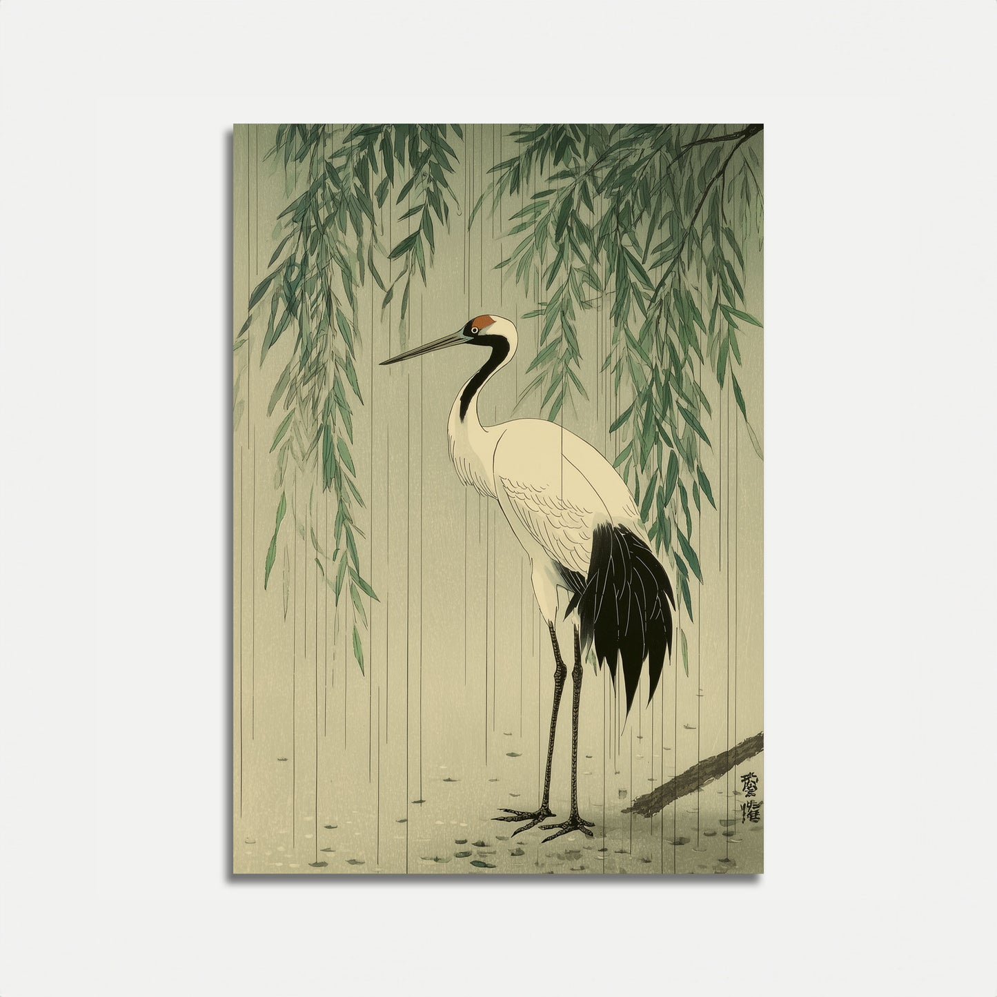 Elegant Crane with Willow Poster