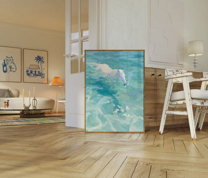White Horse Swimming in Ocean Poster