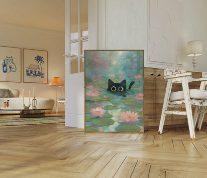 Curious Cat in Lily Pond Poster