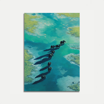 Póster de Elefantes Cruzando Aguas Turquesas