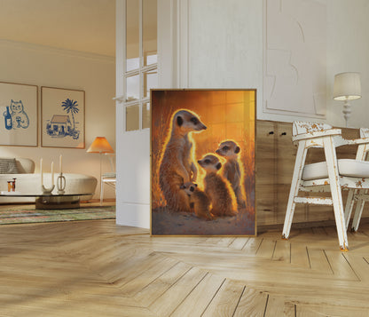 Affiche Famille de Suricates au Coucher de Soleil Doré