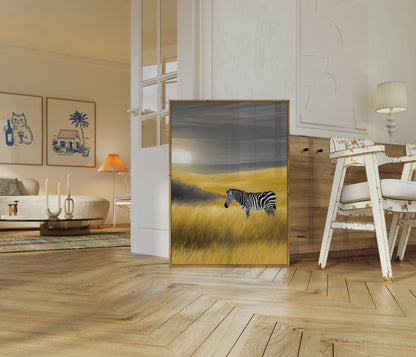 Lone Zebra Grassland Sunset Poster