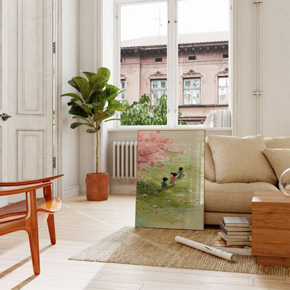 Kinderen spelen onder kersenbloesems poster