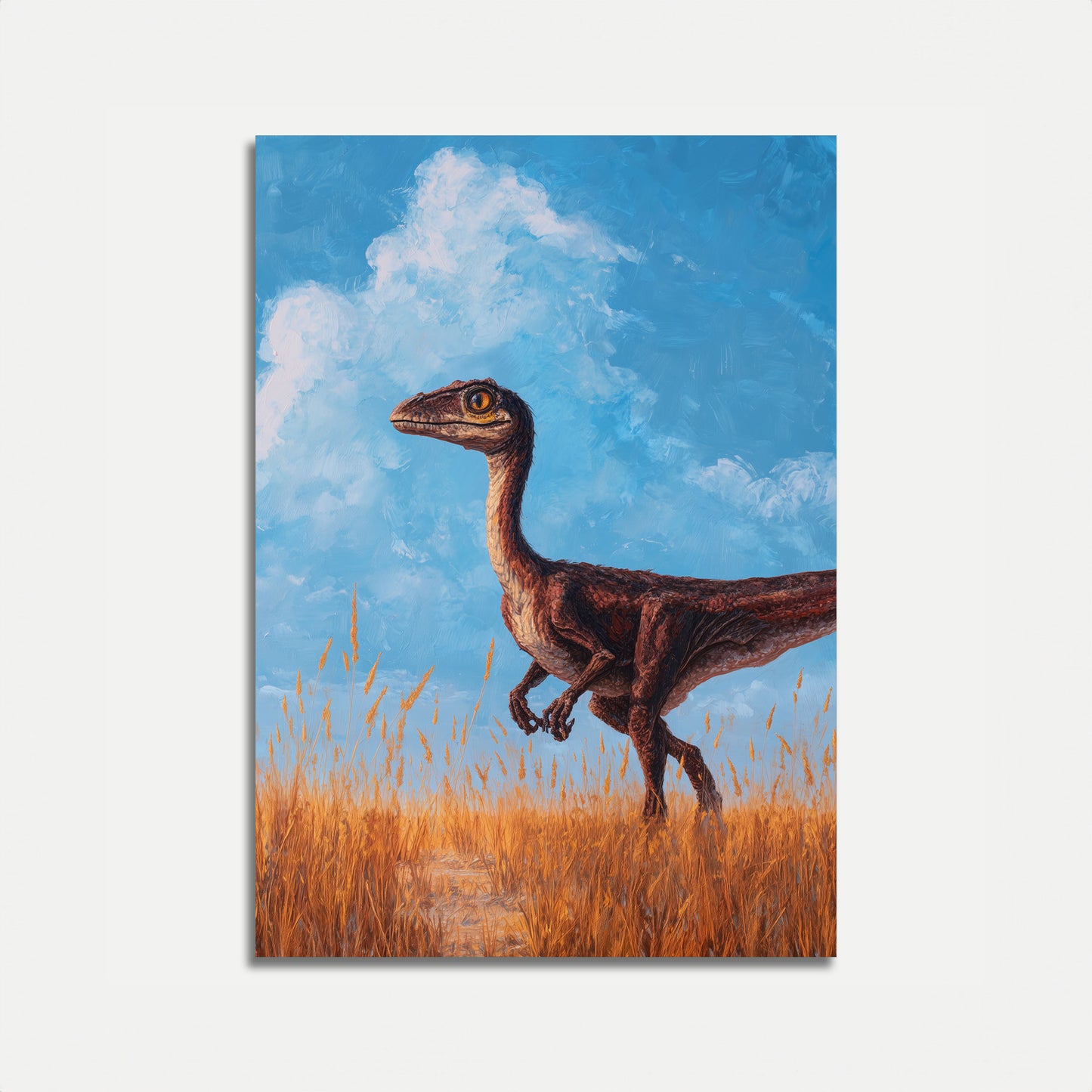 Póster de Velociraptor en un campo de trigo