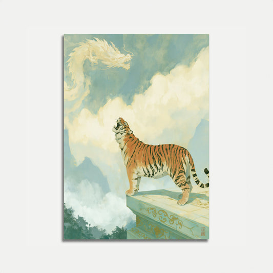 Tiger ser på drageplakat