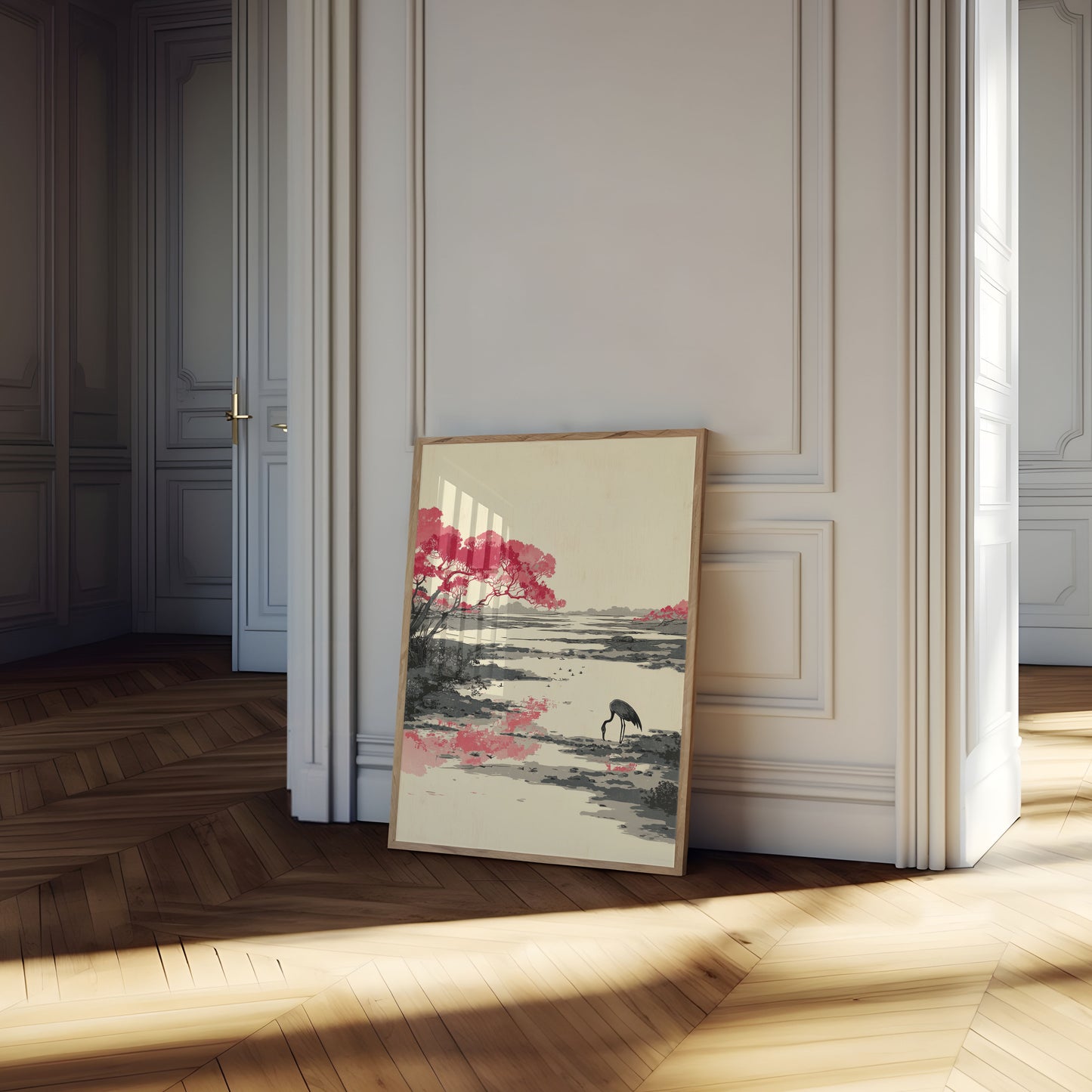 Różowy Plakat z Żurawiem w Kwiatach